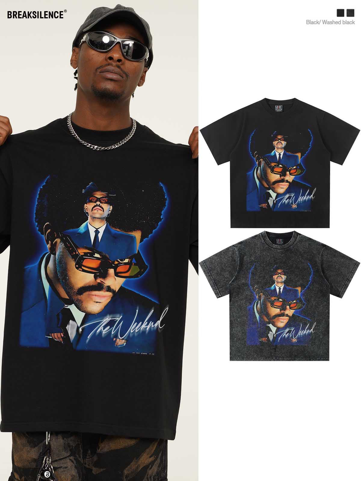 2025夏季新款TheWeeknd人物印花短袖T恤男女水洗做旧宽松纯棉半袖