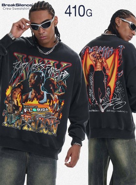 美式嘻哈说唱XXX直喷印花水洗做旧410g重磅宽松毛圈圆领卫衣男女