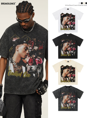 美式复古嘻哈Centralcee印花短袖T恤男街头潮流宽松百搭情侣半袖