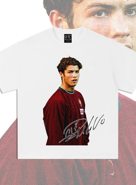 C罗足球人物印花长袖T恤男女美式复古重磅宽松情侣款潮牌打底上衣