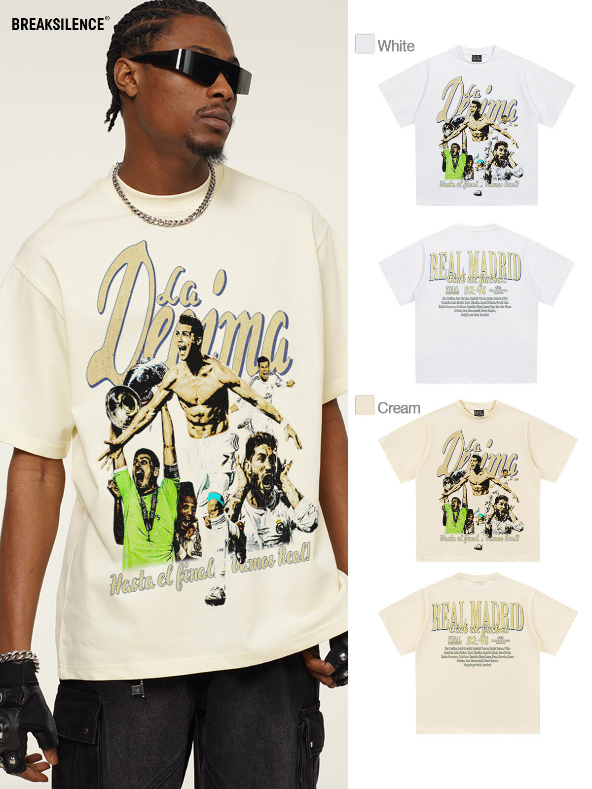 2014欧冠足球印花短袖t恤男美式复古vintage300g重磅纯棉宽松体恤