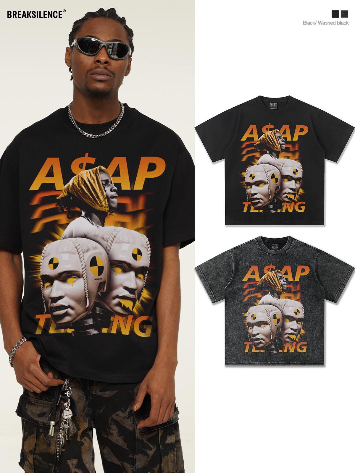 美式嘻哈ASAP ROCK印花短袖T恤男夏季街头hiphop宽松纯棉情侣上衣