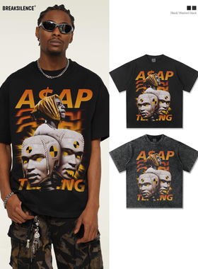 美式嘻哈ASAP ROCK印花短袖T恤男夏季街头hiphop宽松纯棉情侣上衣