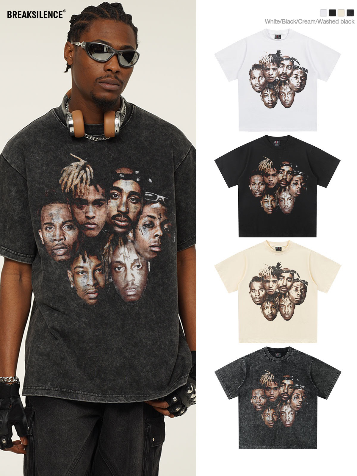 美式复古嘻哈人物印花短袖T恤男水洗做旧300g重磅纯棉宽松半袖ins