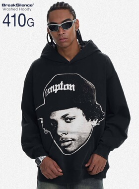 美式街头嘻哈说唱EAZY E人物印花炒雪花水洗410g重磅宽松连帽卫衣