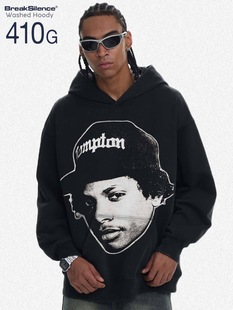 美式街头嘻哈说唱EAZY E人物印花炒雪花水洗410g重磅宽松连帽卫衣