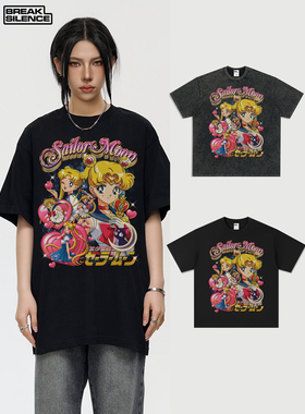 美少女动漫短袖T恤男宽松ovrtsize重磅水洗做旧纯棉百搭情侣上衣