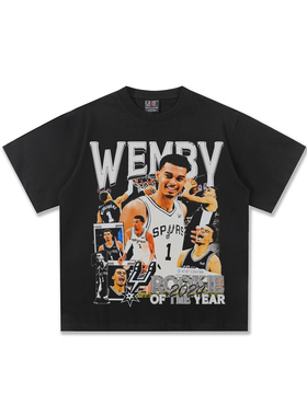 文班亚马球星直喷印花短袖T恤男女潮牌宽松300g重磅纯棉百搭半袖