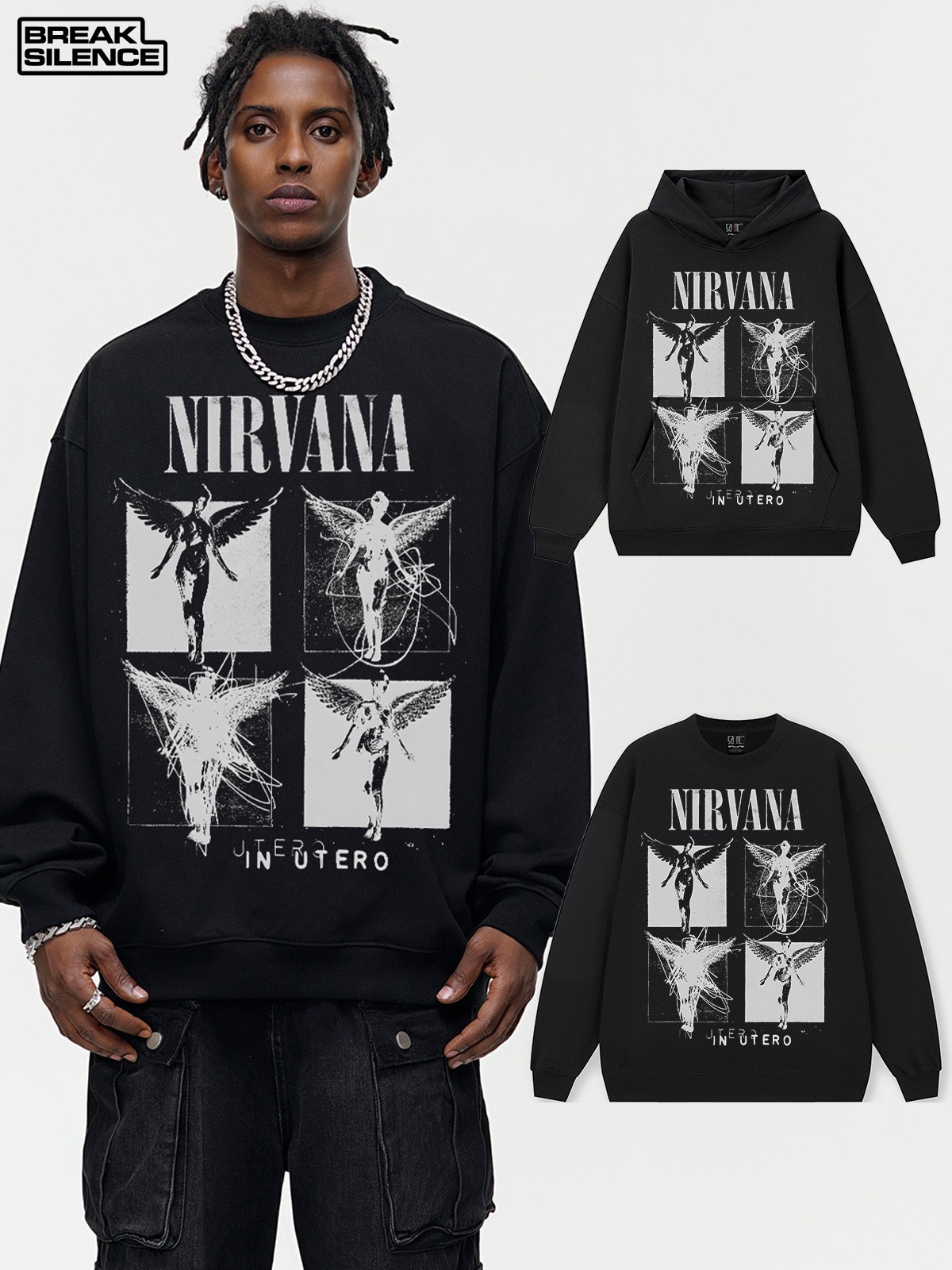 NIRVANA线稿天使连帽卫衣男女秋冬季美式vintage宽松重磅百搭外套