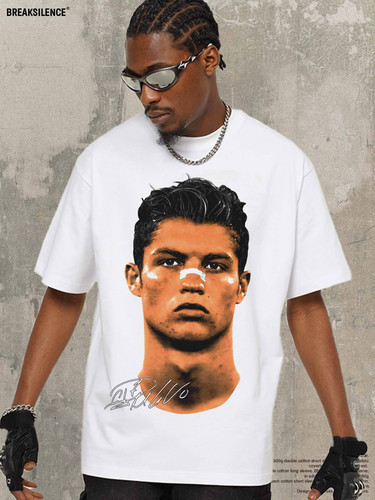 美式复古CR7 C. Ronaldo人物印花做旧短袖T恤男宽松重磅纯棉半袖