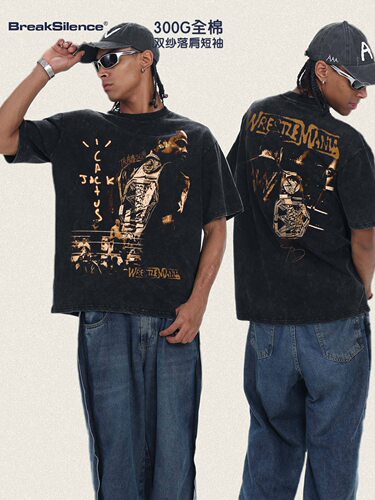 美式水洗做旧Travis ScottT恤男300g双纱棉高街嘻哈说唱宽松短袖