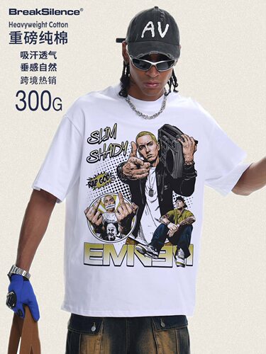 美式Hiphop埃米纳姆Slim Shady短袖重磅纯棉男女同款复古说唱半袖