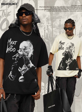 美式嘻哈POP Somke短袖T恤男女25夏季复古宽松纯棉百搭小领口半袖