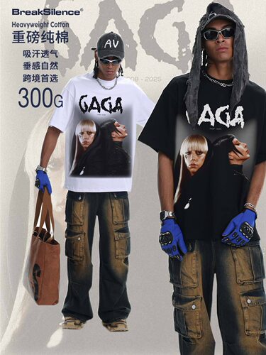 Lady Gaga 美式高街复古炒雪花短袖T恤男女vintage宽松小领口半袖