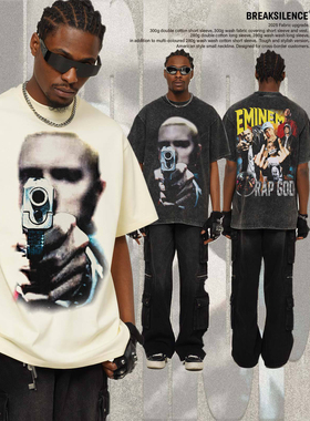 美式嘻哈说唱歌手EMINEM印花短袖T恤男宽松重磅纯棉小领口半袖ins