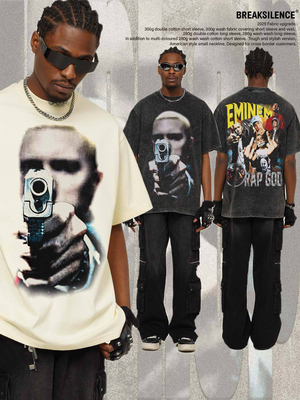 美式嘻哈说唱歌手EMINEM印花短袖T恤男宽松重磅纯棉小领口半袖ins