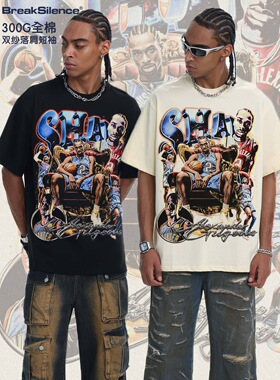 亚历山大谢伊雷霆美式复古水洗做旧300g重磅纯棉宽松短袖T恤男女