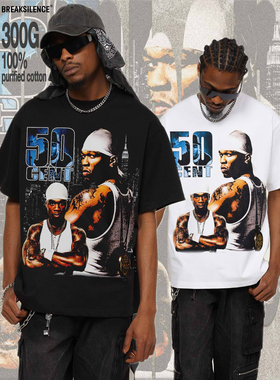 美式嘻哈说唱Crazy50 Cent直喷印花短袖T恤男宽松纯棉圆领半袖ins