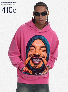 美式复古嘻哈Tory Lanez人物印花410重磅针织宽松做旧连帽卫衣男