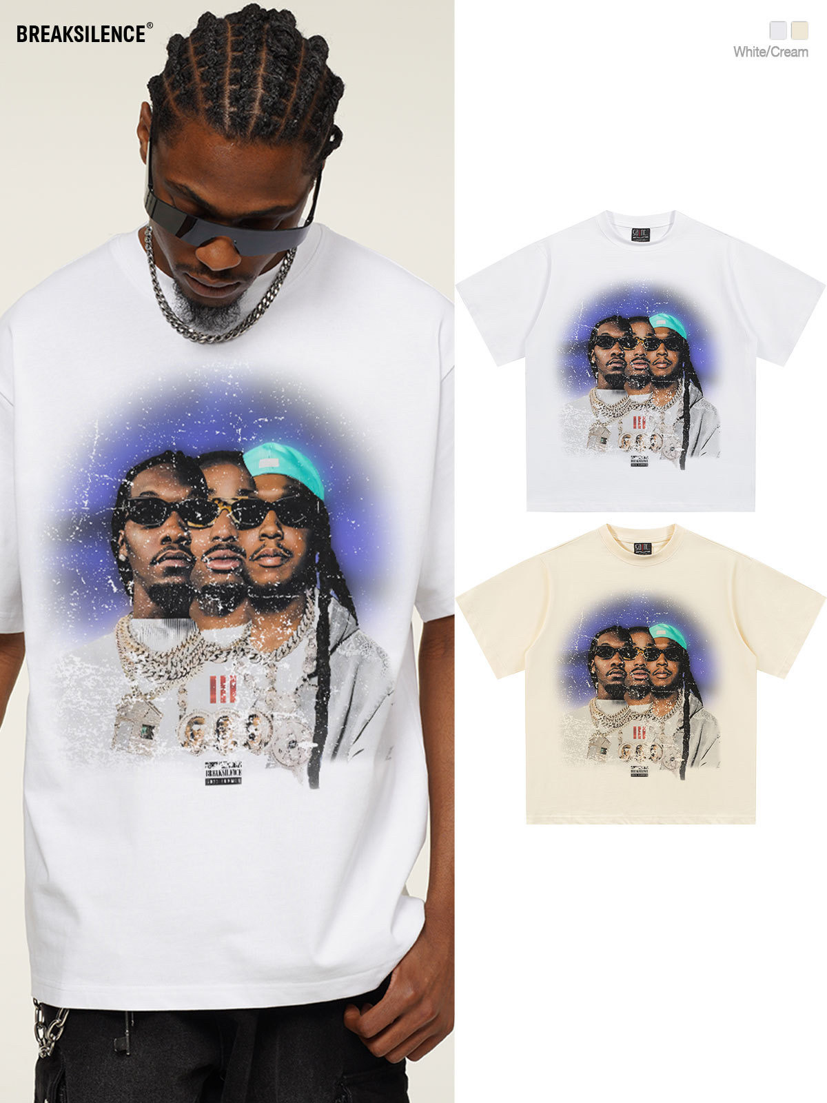 欧美潮牌嘻哈migos直喷印花短袖T恤男复古300g 重磅纯棉宽松半袖