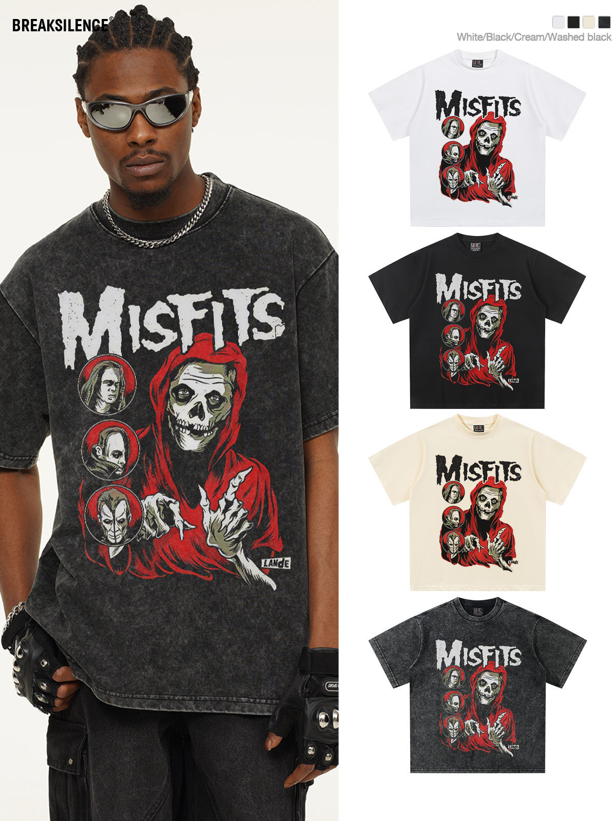 MISFITS摇滚乐队短袖t恤男女美式复古oversize宽松重磅小领口体恤