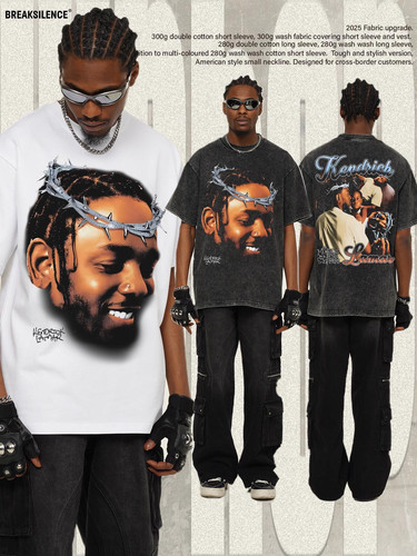 KENDRICK LAMAR水洗做旧短袖T恤男美式嘻哈300g重磅纯棉宽松半袖