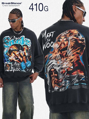 美式复古嘻哈说唱PopSmoke人物印花水洗针织重磅宽松圆领卫衣男女