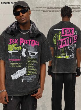 美式复古SEX PISTOLS摇滚乐队短袖T恤男潮牌vintage宽松纯棉半袖