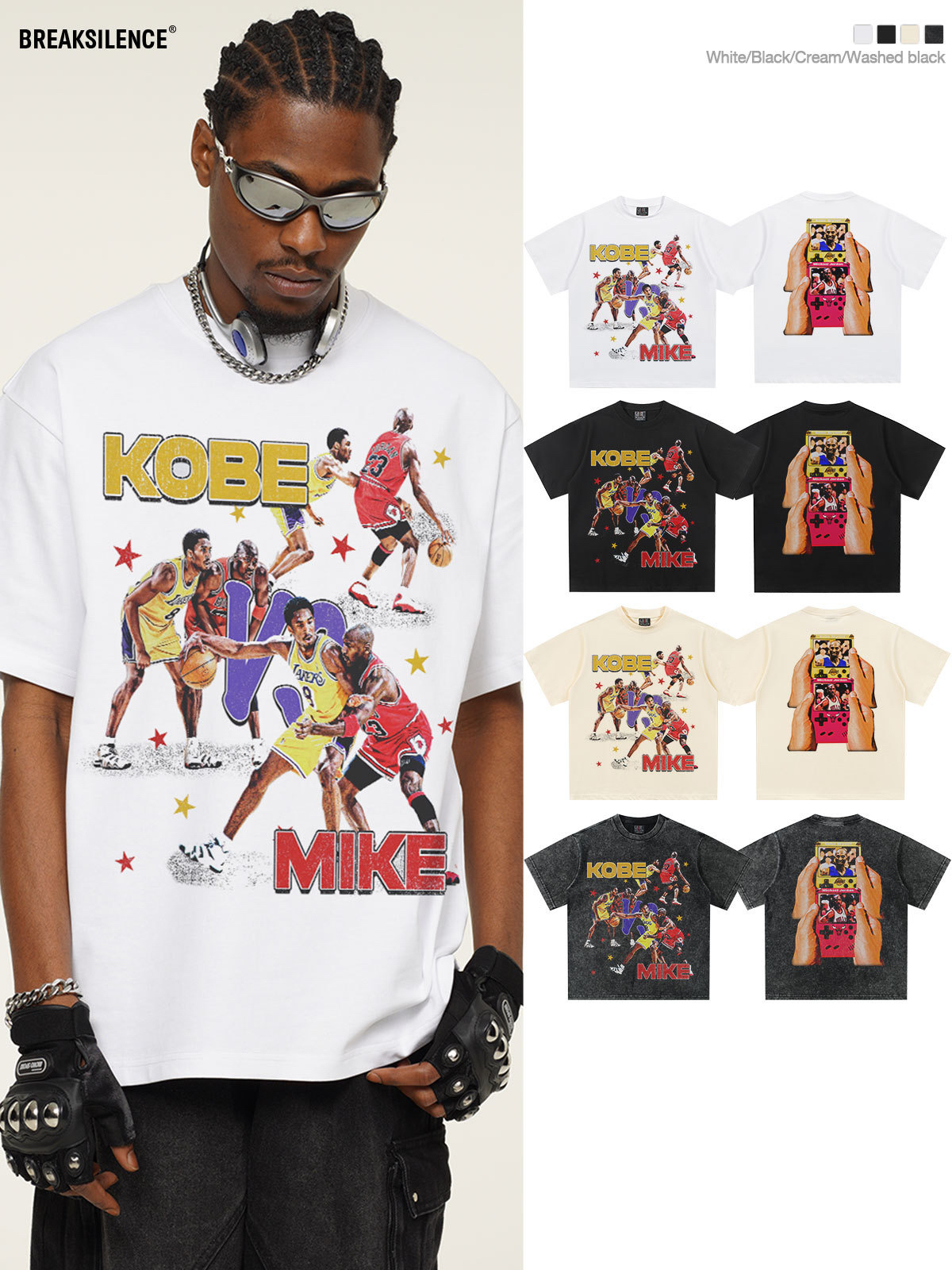 美式篮球球星科比印花短袖T恤男女街头嘻哈300g重磅纯棉宽松半袖