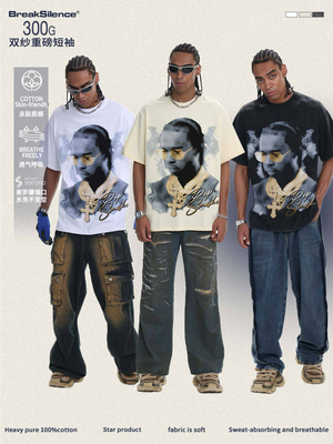 美式嘻哈Pop Smoke人物印花水洗做旧短袖T恤男女宽松重磅纯棉半袖