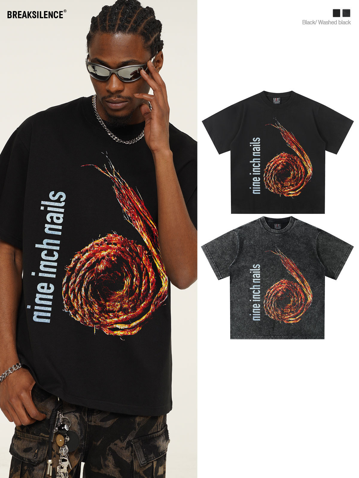 美式复古九寸钉乐队印花短袖T恤男潮牌hiphop宽松纯棉小领口半袖,男装,T恤,淘宝优惠券,粉丝福利购,淘宝优惠卷