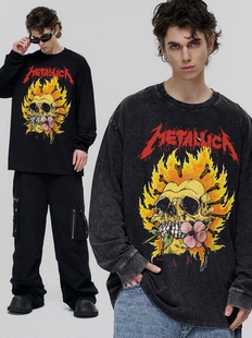 metallica乐队美式复古vintage重磅短袖t恤男女宽松小领口长袖ins