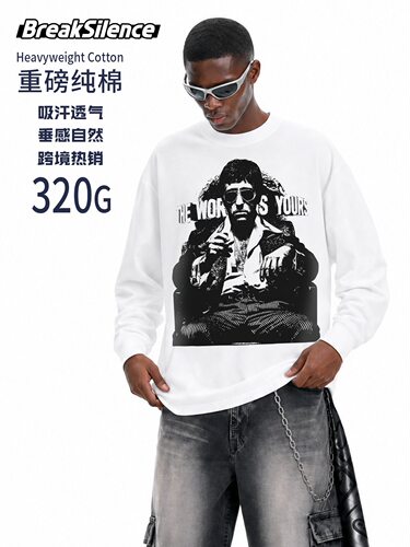 美式复古疤面煞星Scarface长袖男320g炒雪花纯棉高街水洗做旧上衣