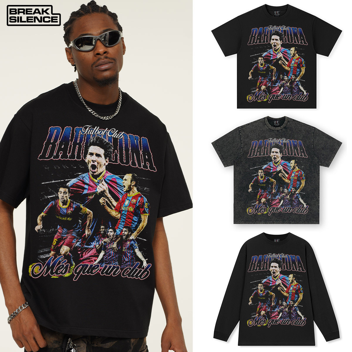 梅西messi水洗做旧长袖T恤男欧美高街宽松300g重磅棉百搭圆领短袖