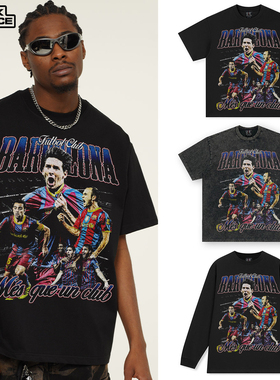 梅西messi水洗做旧长袖T恤男欧美高街宽松300g重磅棉百搭圆领短袖