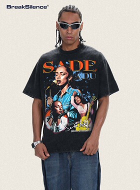 欧美爵士灵魂乐天后Sade Adu印花vintage宽松重磅纯棉短袖T恤男女