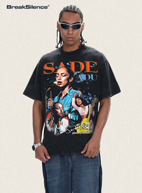 欧美爵士灵魂乐天后Sade Adu印花vintage宽松重磅纯棉短袖T恤男女