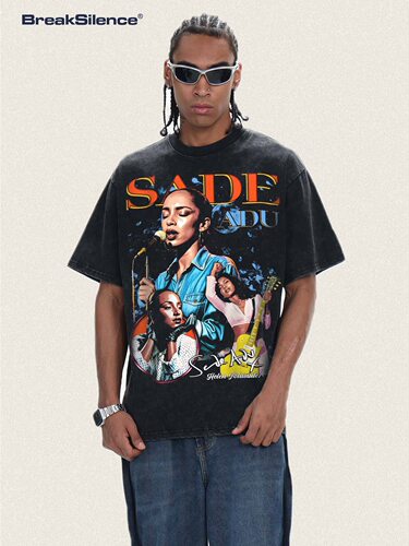 欧美爵士灵魂乐天后Sade Adu印花vintage宽松重磅纯棉短袖T恤男女