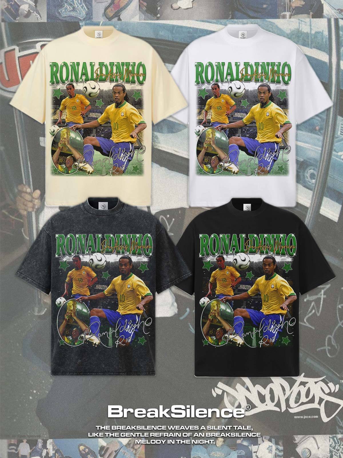 小罗Ronaldinho足球印花短袖T恤男美式oversiz宽松重磅小领口半袖