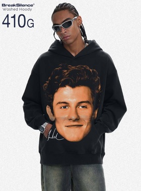 美式嘻哈Shawn Mendes直喷印花水洗圆410G重磅宽松毛圈连帽卫衣男