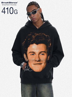 美式嘻哈Shawn Mendes直喷印花水洗圆410G重磅宽松毛圈连帽卫衣男