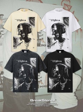 特拉维斯・斯科特 美式街头嘻哈rap水洗做旧重磅纯棉宽松短袖T恤