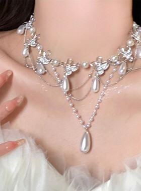 超仙镂空蝴蝶多层流苏吊坠珍珠项链女轻奢高级感小众叠戴锁骨链潮