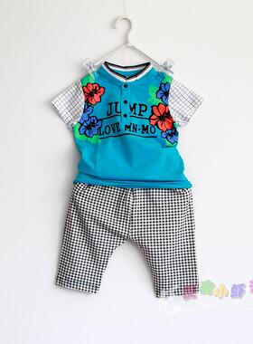 MnMo瑁恩瑁爱童装儿童男孩夏季短袖蓝色T恤中裤男童宝宝两件套装