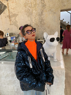 khrisjoy宽松银色羽绒服女短款亮片冬季中长款时尚白鸭绒