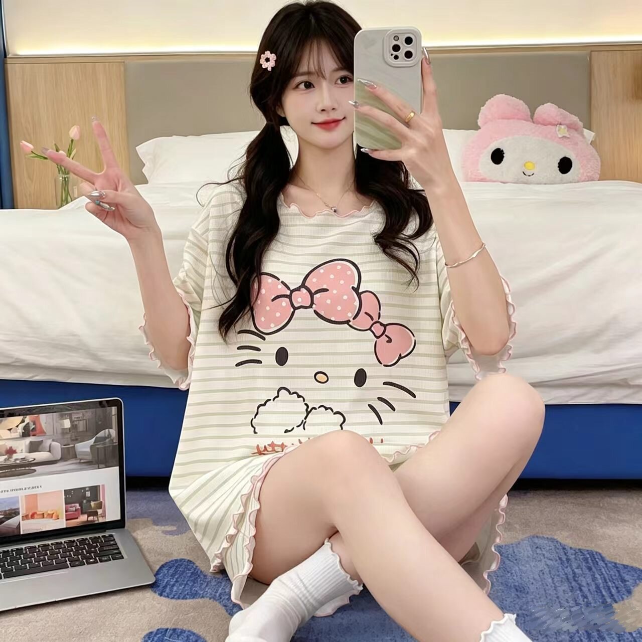 新款小个子女孩可爱带胸垫短袖宽松睡衣女生卡通家居服睡衣两件套