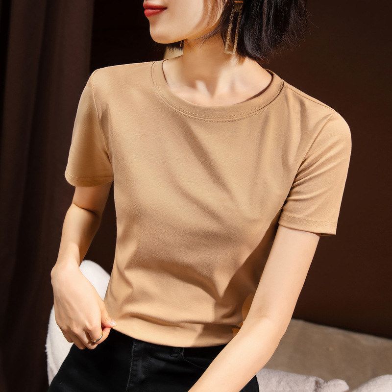 纯色短袖t恤女2025新款女装纯色圆领弹力棉体恤显瘦遮肚子上衣