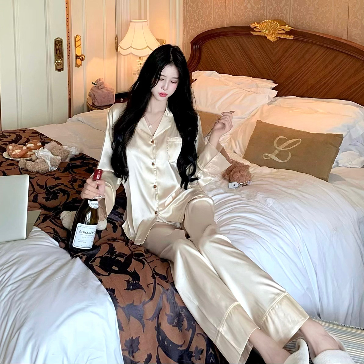 真丝春秋女睡衣套装可外穿