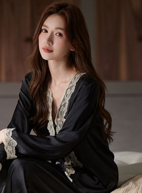 法式蕾丝真丝长袖睡衣套装女