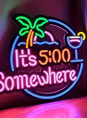 外贸亚马逊LED霓虹灯室IT'S 5:00 Somewhere发光英文灯黑色背板